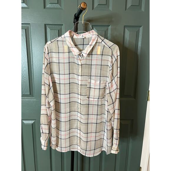Sheer Plaid Button Up Shirt Long Sleeve‎ Top with Pocket Casual - Picture 1 of 6